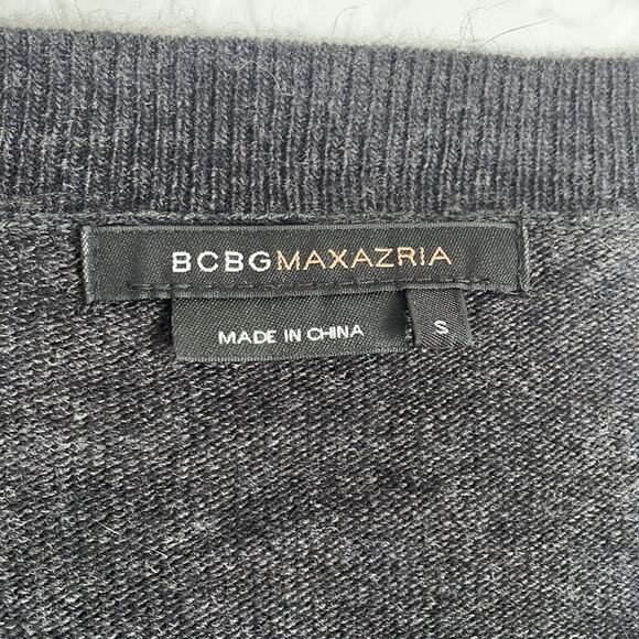 BCBGMaxAzria Gray Angora Wool Lightweight Sweater Long Sleeve Beaded Logo V Neck - Picture 4 of 7